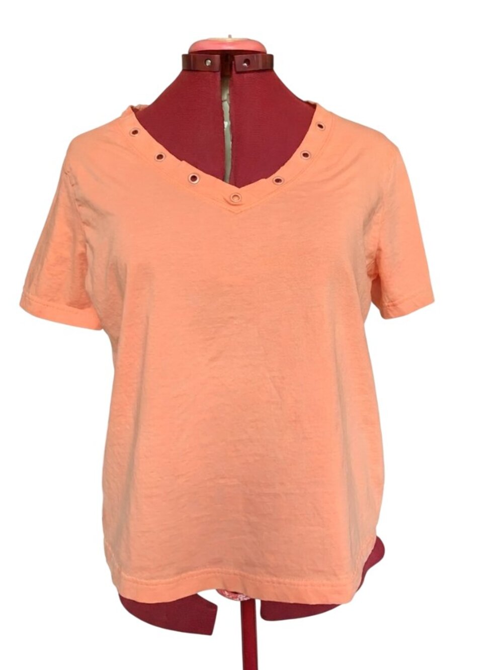 HAGGAR - Orange V-Neck Grommet Cotton Top | Casual Y2K Minimalist - Medium